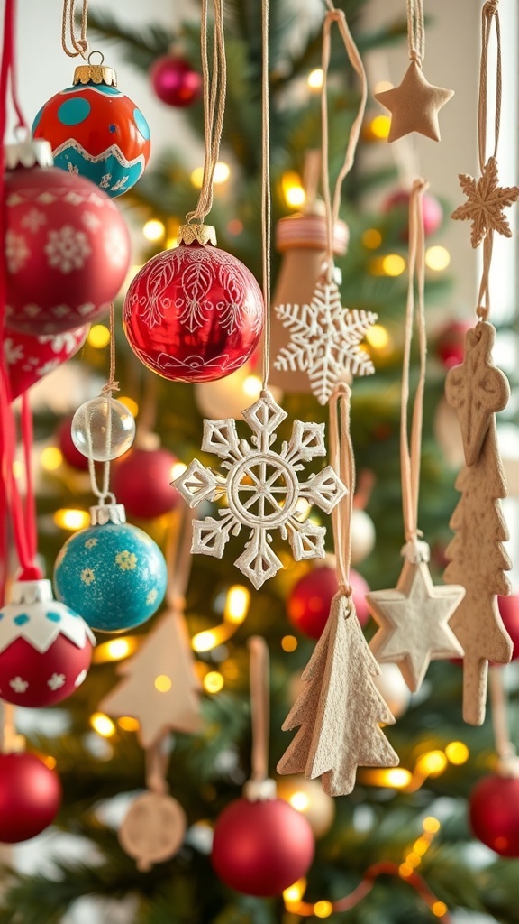 A collection of colorful handmade Christmas ornaments including painted baubles, paper snowflakes, and salt dough decorations, with a Christmas tree in the background.